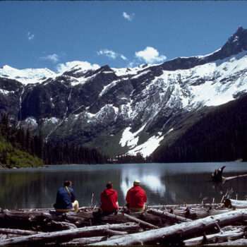mountain, lake, 3 hikers