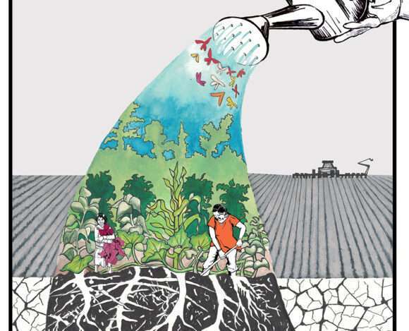 illustration of people cultivating healthy food vs. mechanized agribusiness