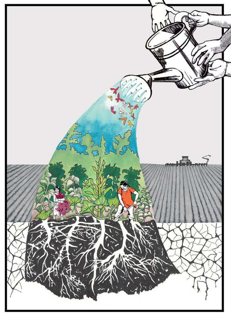illustration of people cultivating healthy food vs. mechanized agribusiness