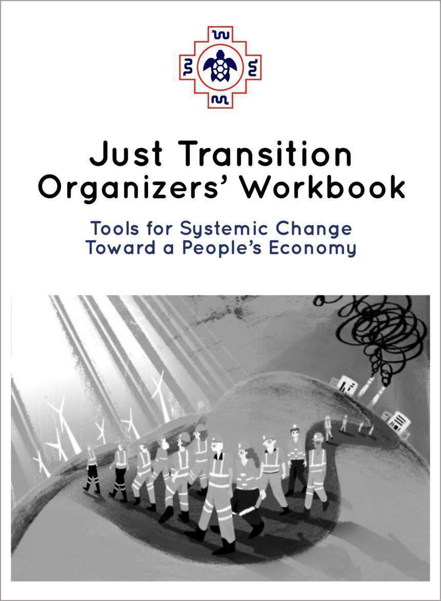 JTA Logo, text "Just Transition Organizers' Workbook," illustration of workers on road to cleaner energy