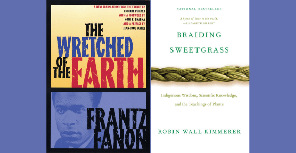 Book covers of The Wretched of the Earth and Braiding Sweetgrass with a purple background.